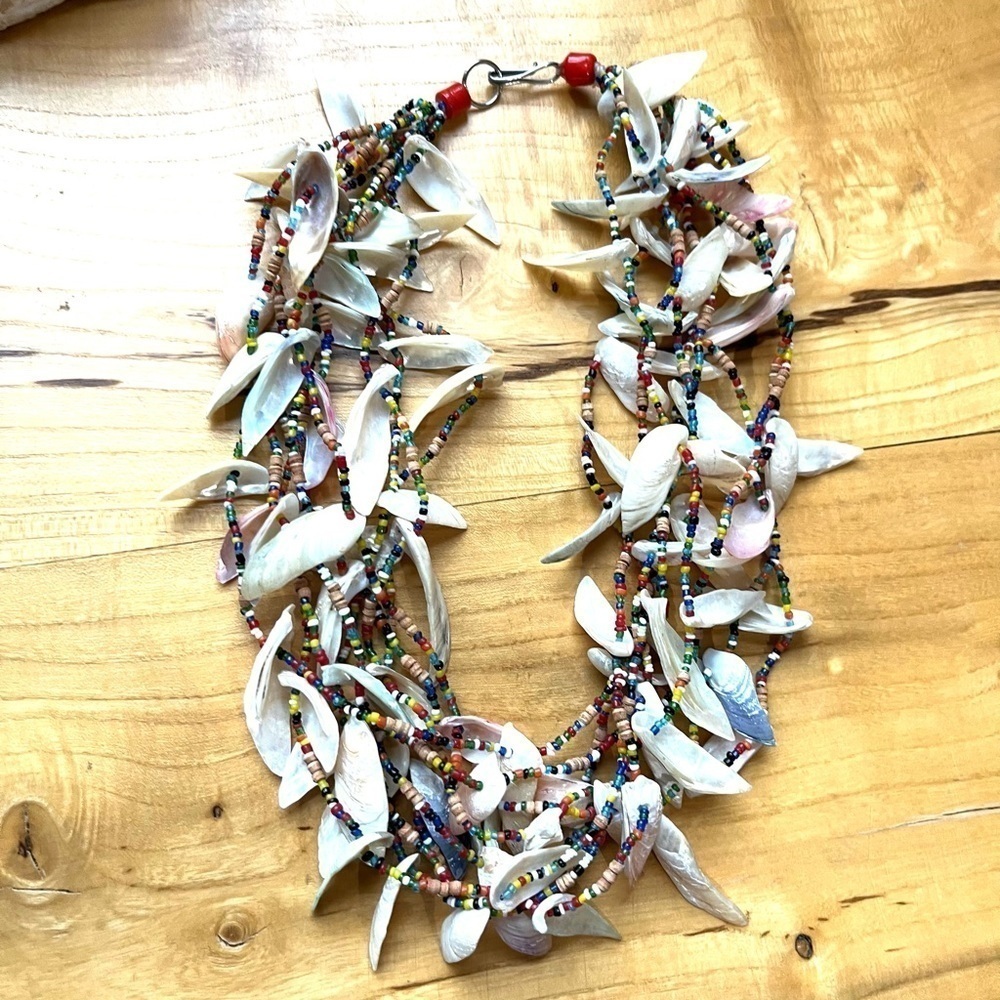 Vintage Seashell Multi-Strand Beaded Chunky Statement Necklace